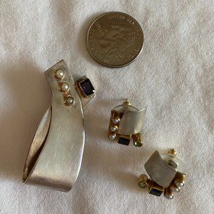 Silver brooch and earring set